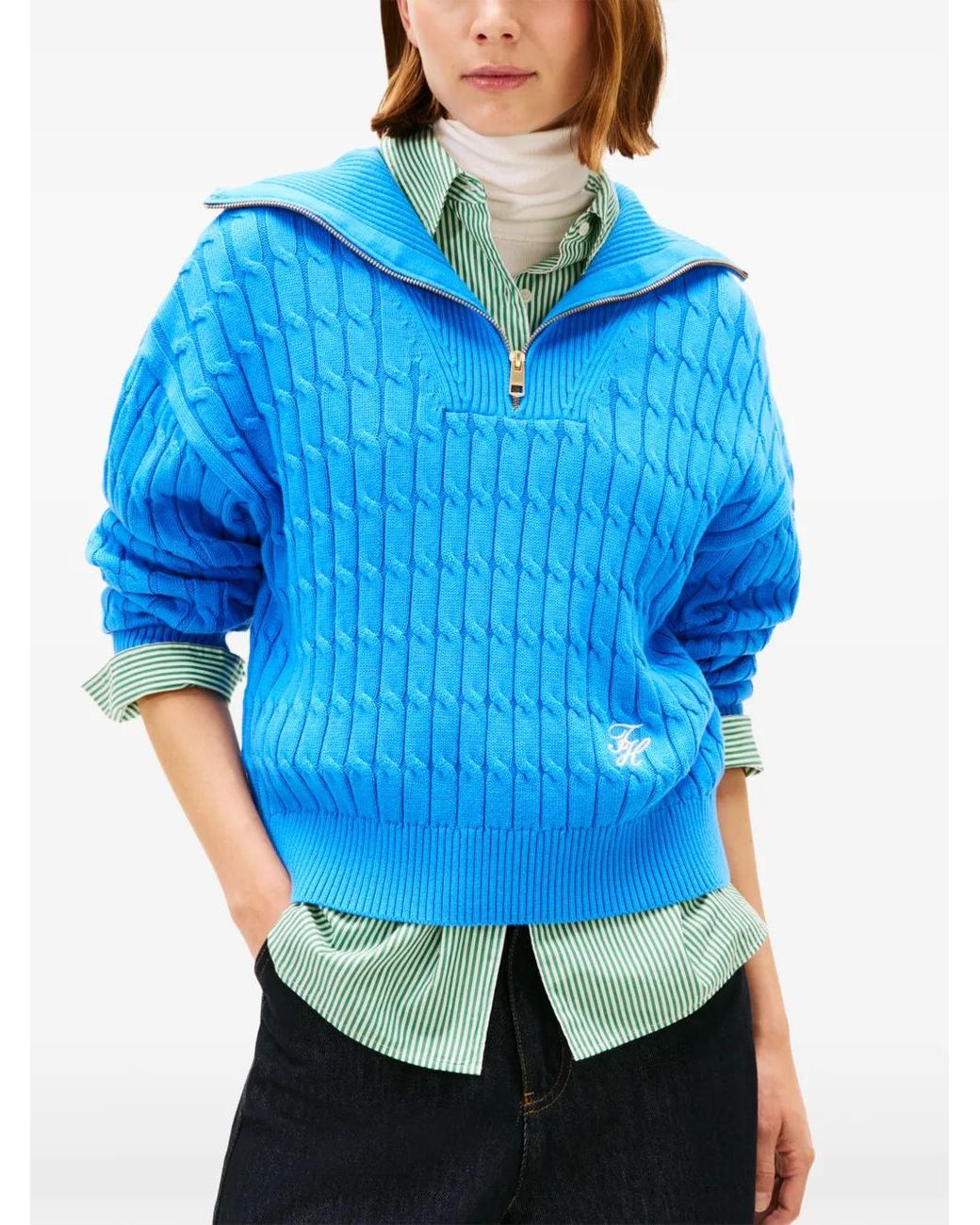 Tommy Hilfiger Blue Zip Cable-Knit Sweater