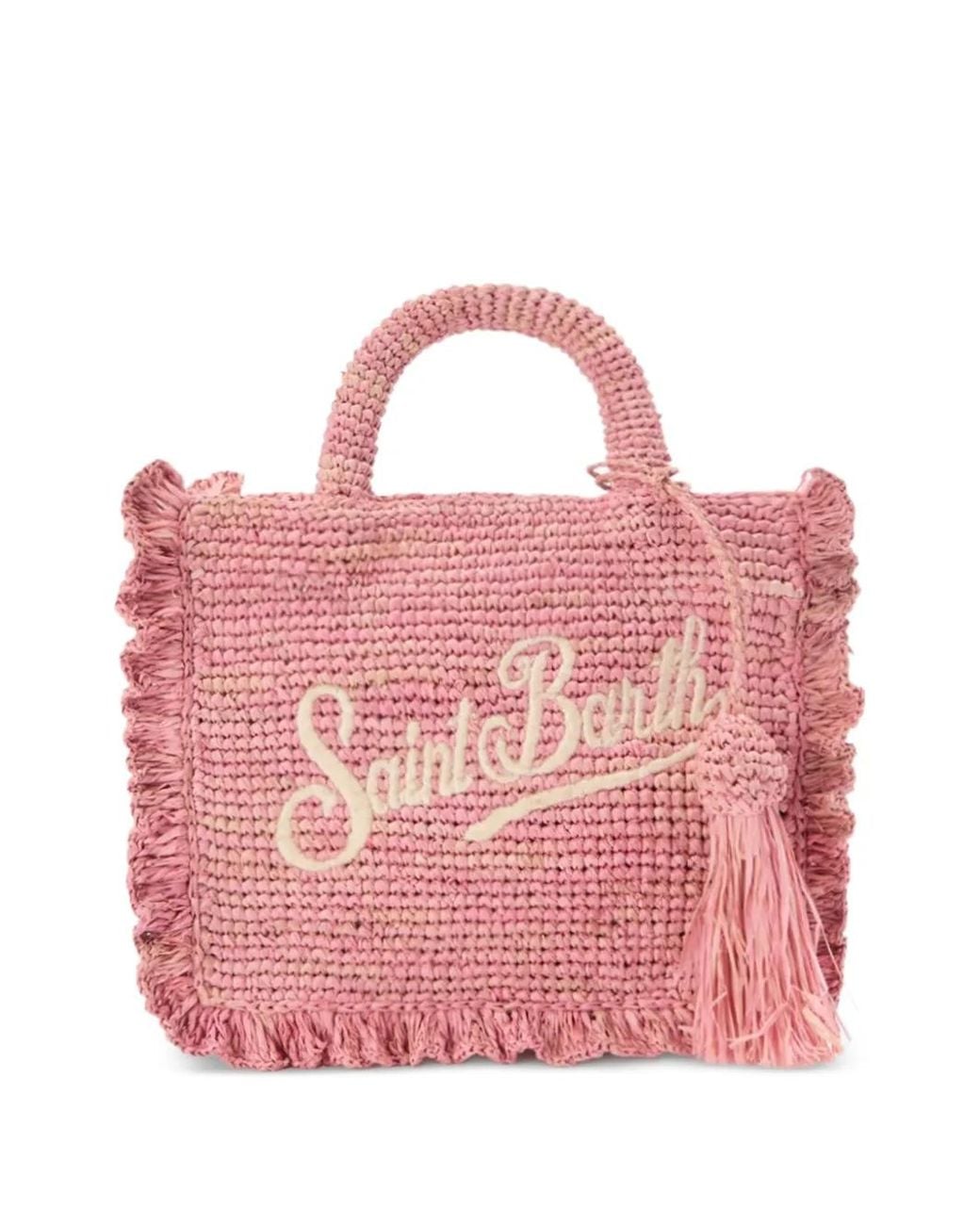 Mc2 Saint Barth Pink Volant Mini Raffia Bag With Embroidered Logo