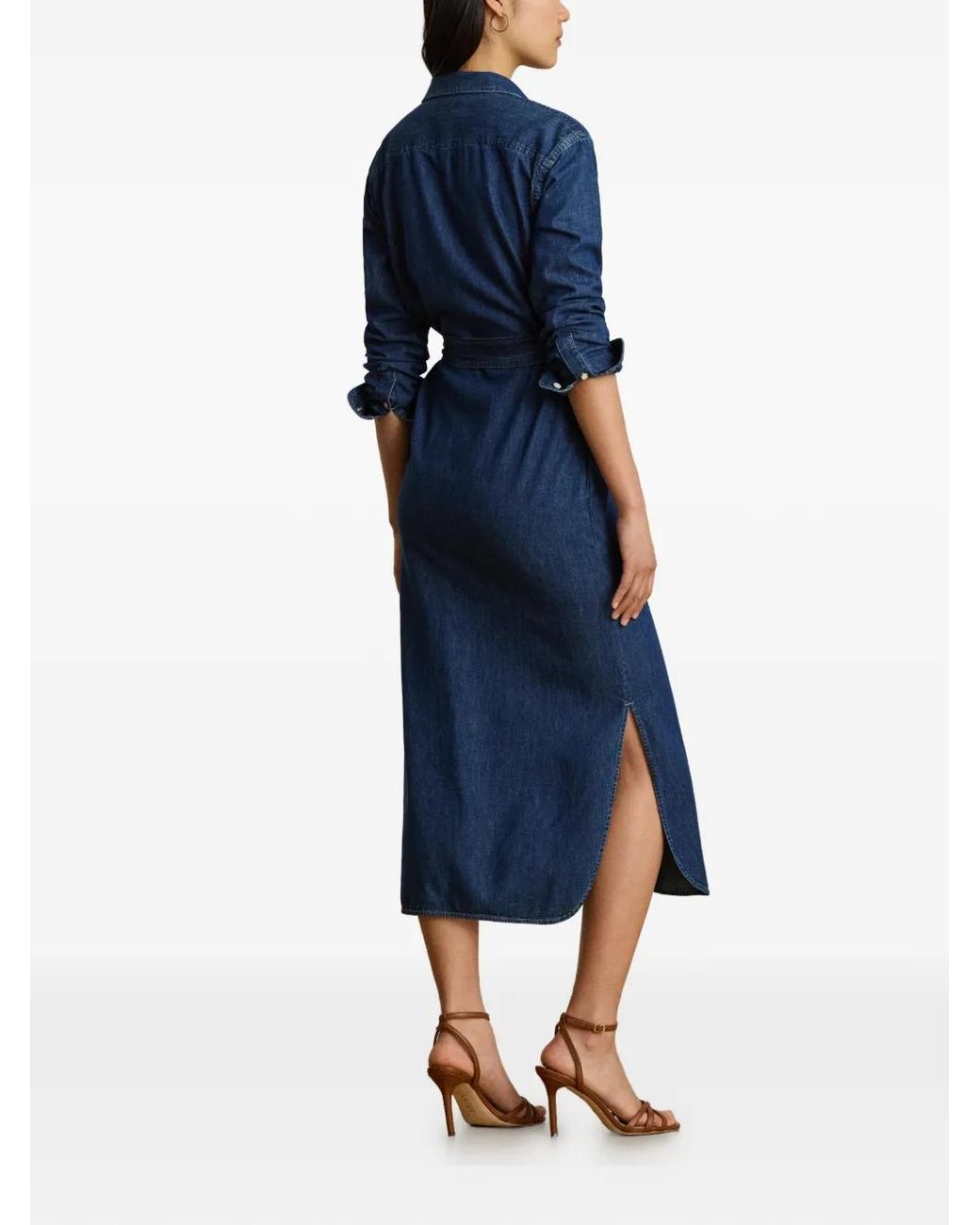 Ralph Lauren Blue Robe-Chemise Mi-Longue En Jean À Taille Ceinturée