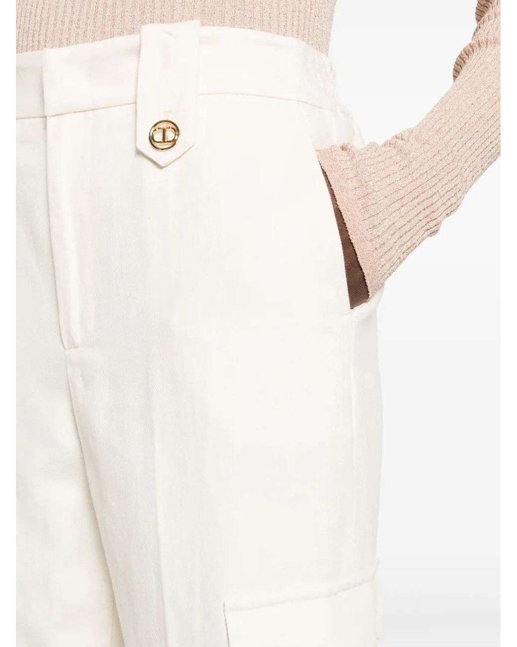 Twinset White Logo-Plaque Twill Trousers