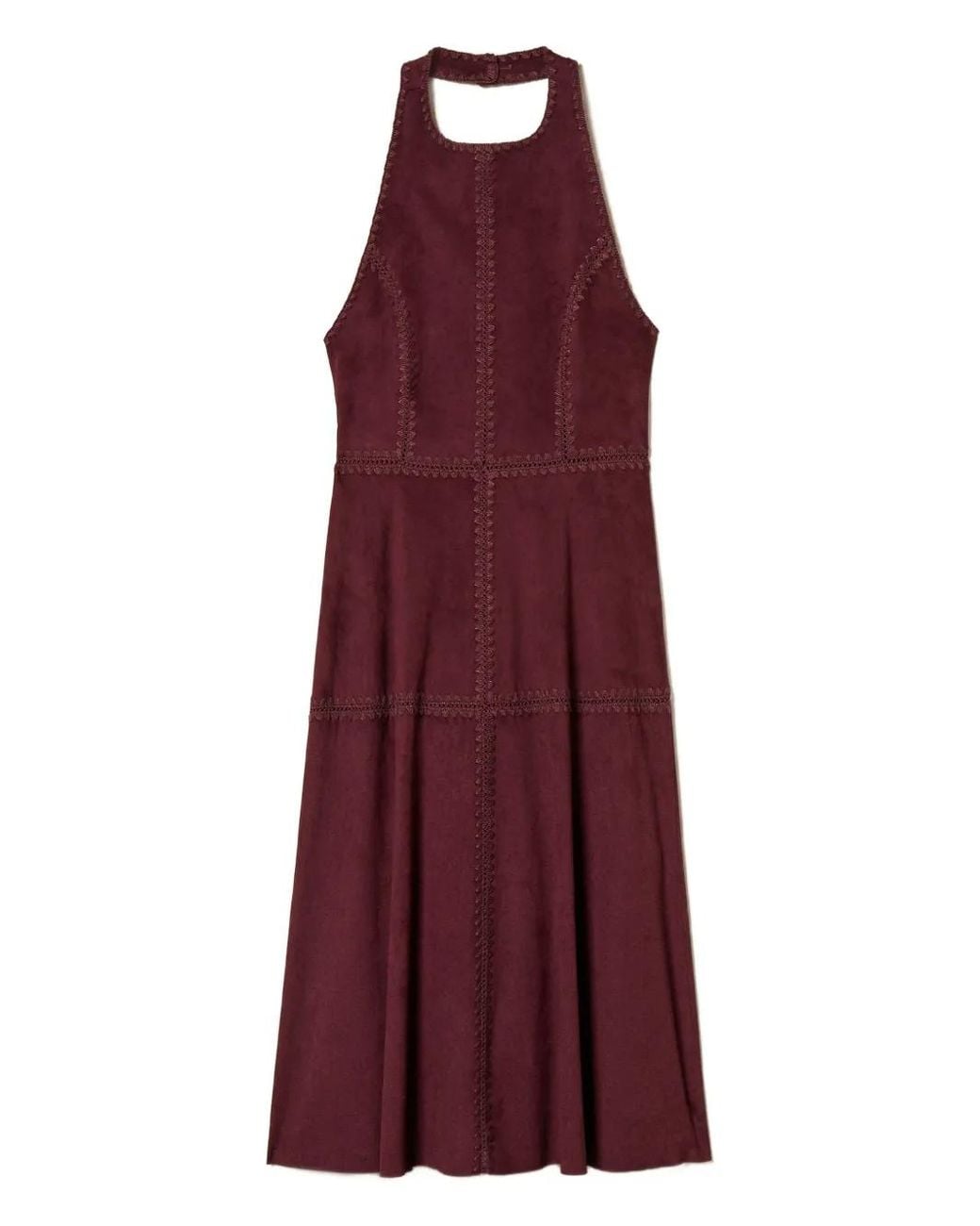 Twinset Purple Midi Suede Dress With Embroidery