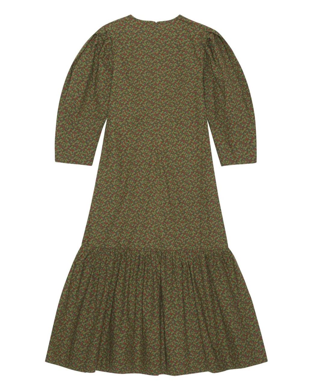 Ganni Green Puff-Sleeve Floral-Print Midi Dress