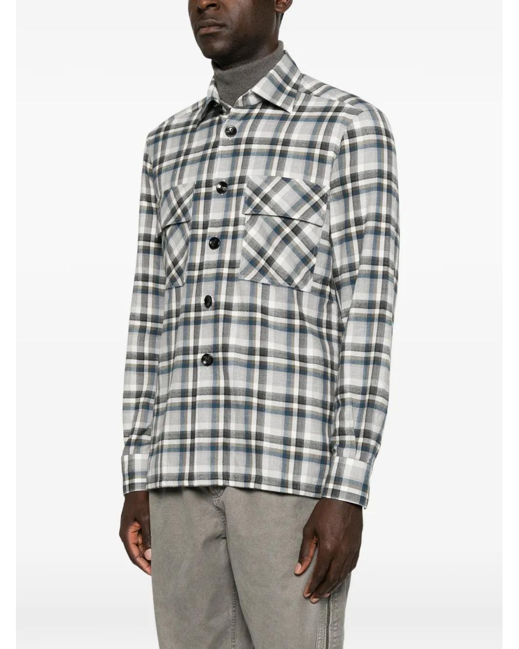 Kiton White Check-Pattern Button-Up Shirt for men