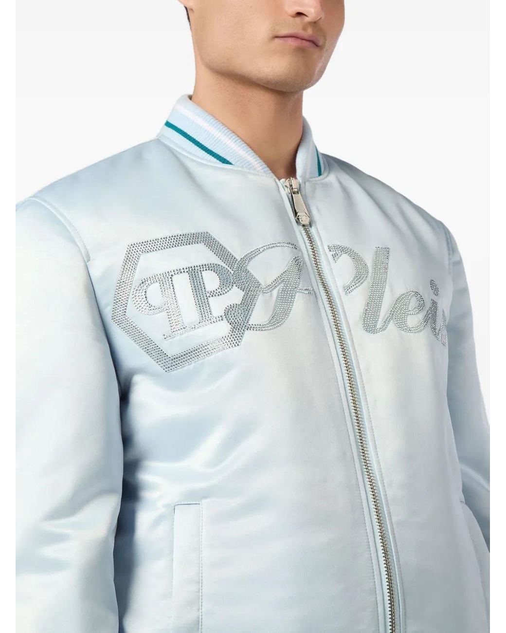 Philipp Plein Blue Satin Bomber Jacket for men