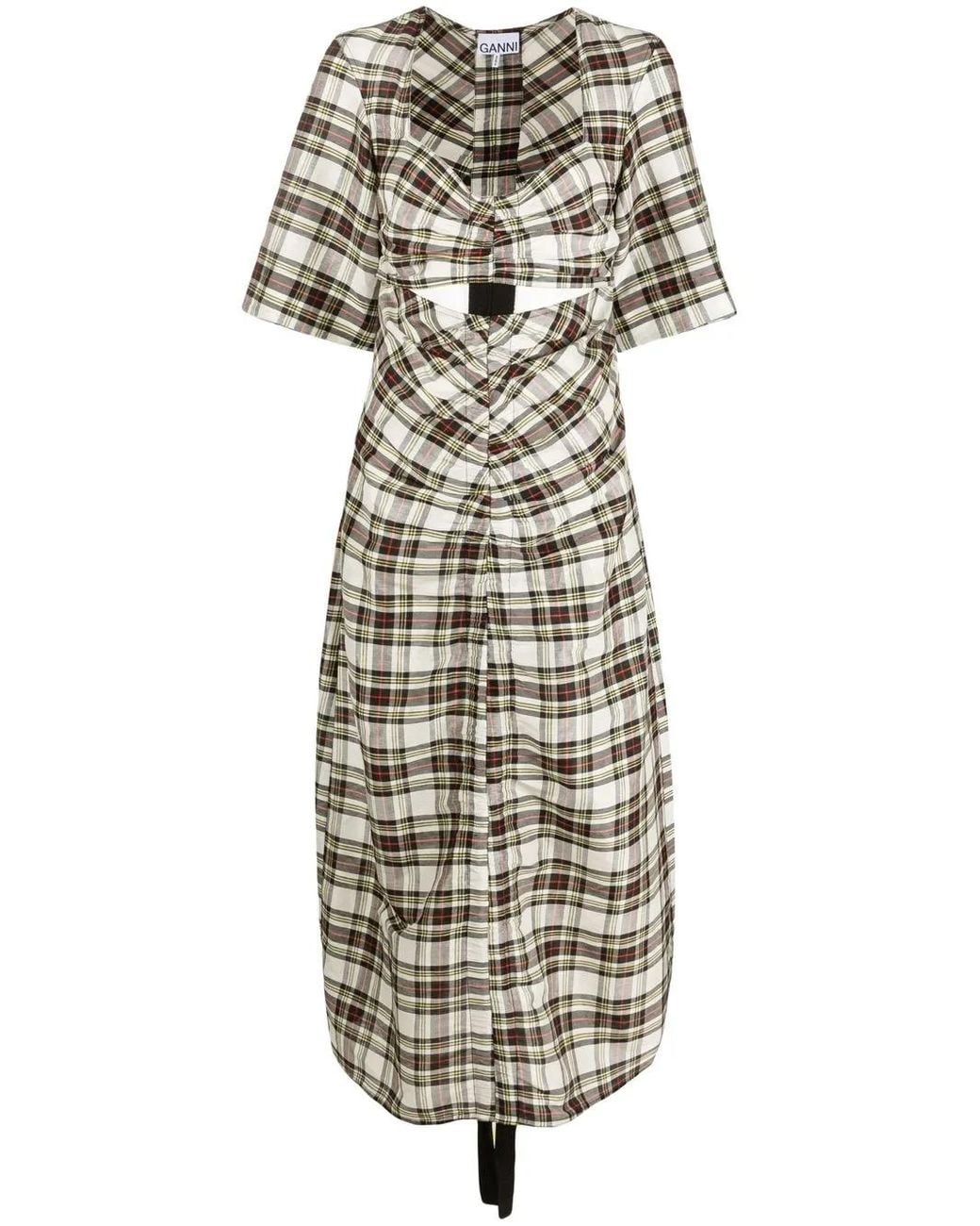 Ganni Black Ruched Plaid Midi Dress