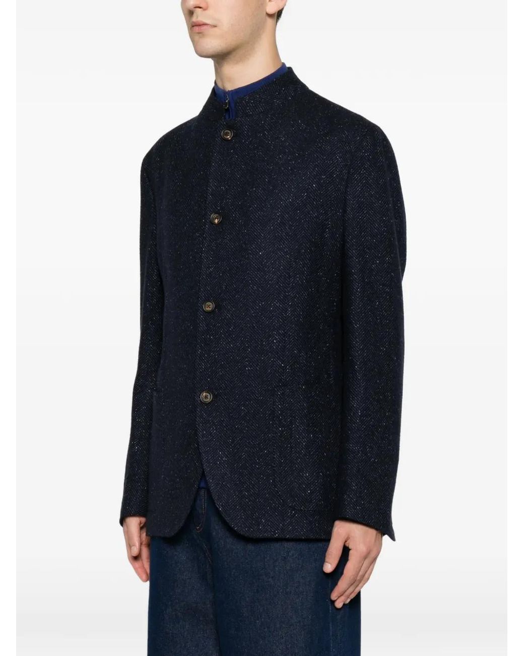 Eleventy Blue Herringbone Mandarin-Collar Jacket for men