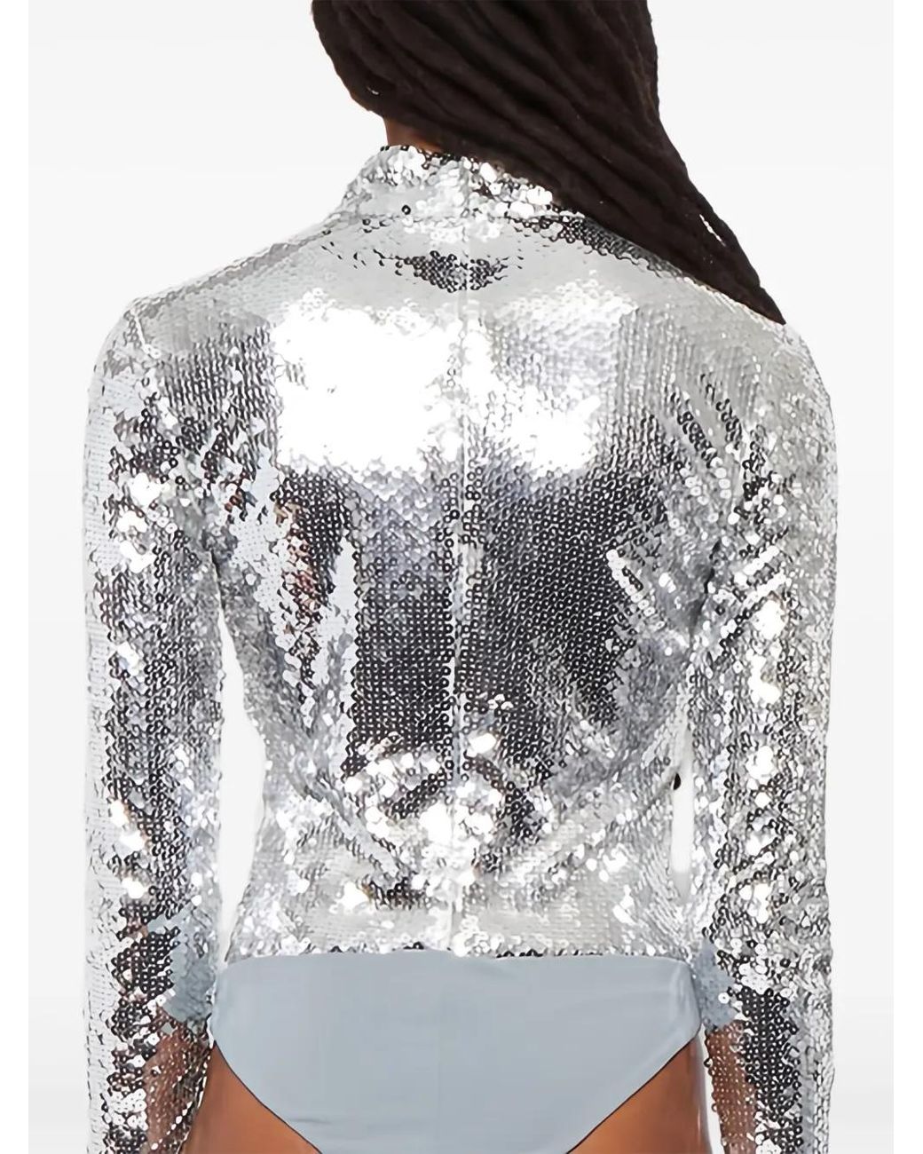Brandon Maxwell Gray Sequinned Mock-Neck Bodysuit