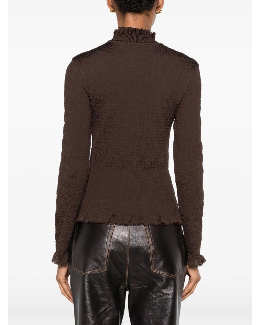 Sandro Brown Smocked T-Shirt With Ruffle Collar