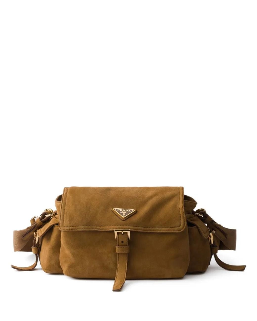 Prada Brown Explore Medium Suede Shoulder Bag With Flap