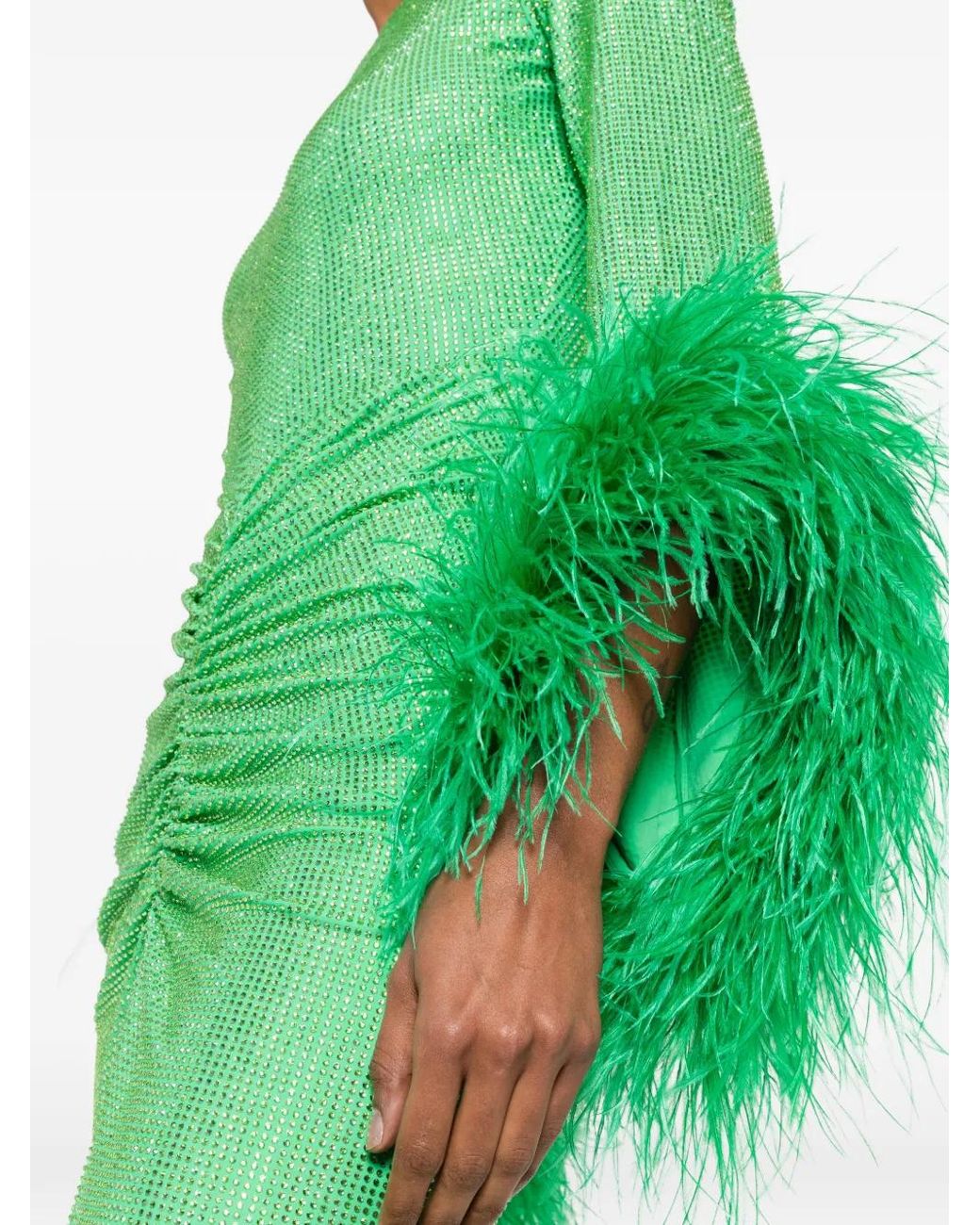 Miron Green Crystal-Embellished Feather-Trim Maxi Dress