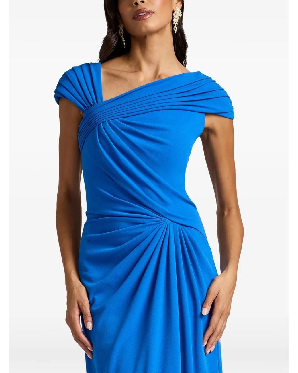 Tadashi Shoji Blue Mireya Ruched Draped-Detail Gown