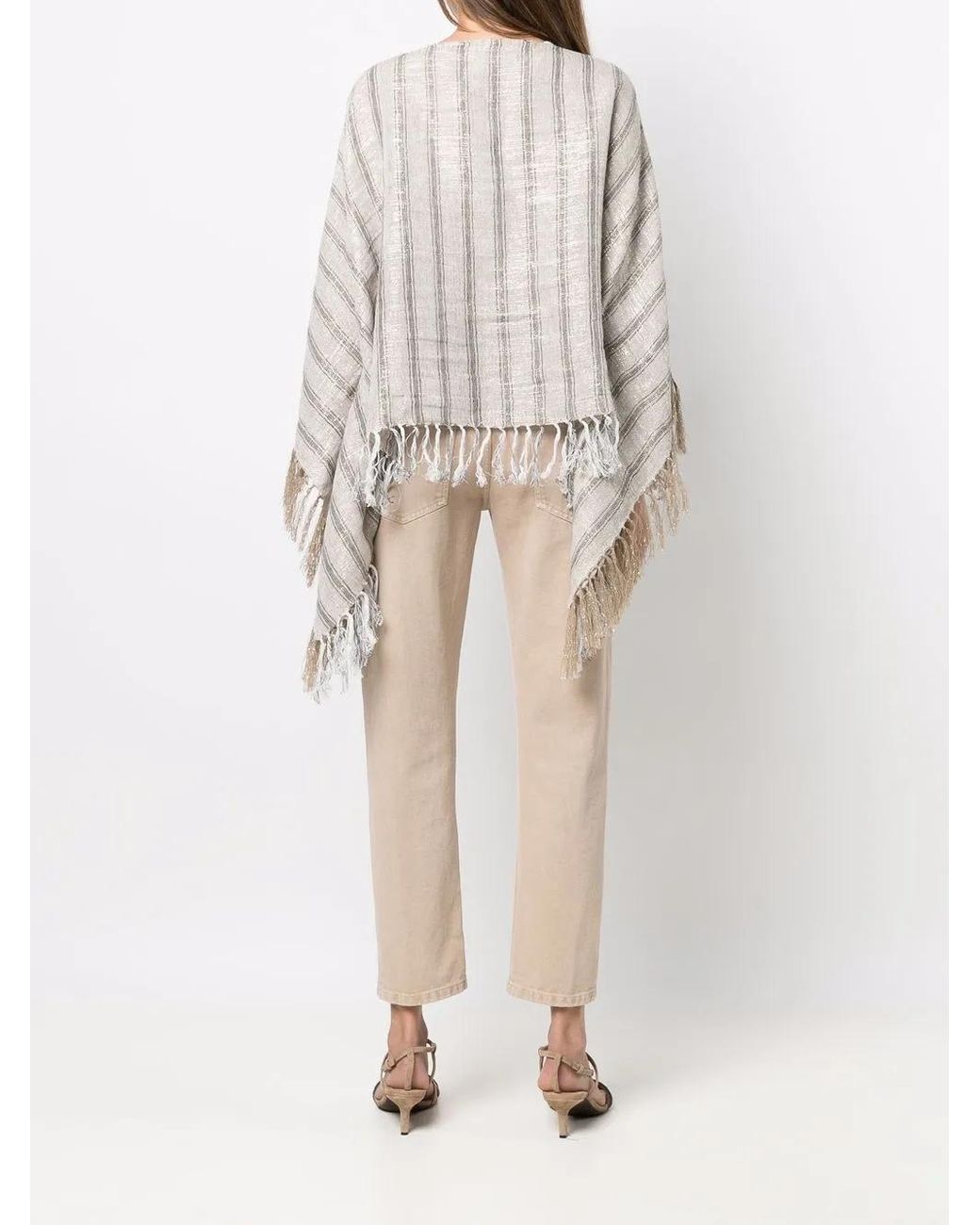 Brunello Cucinelli White Striped Tassel-Trim Poncho
