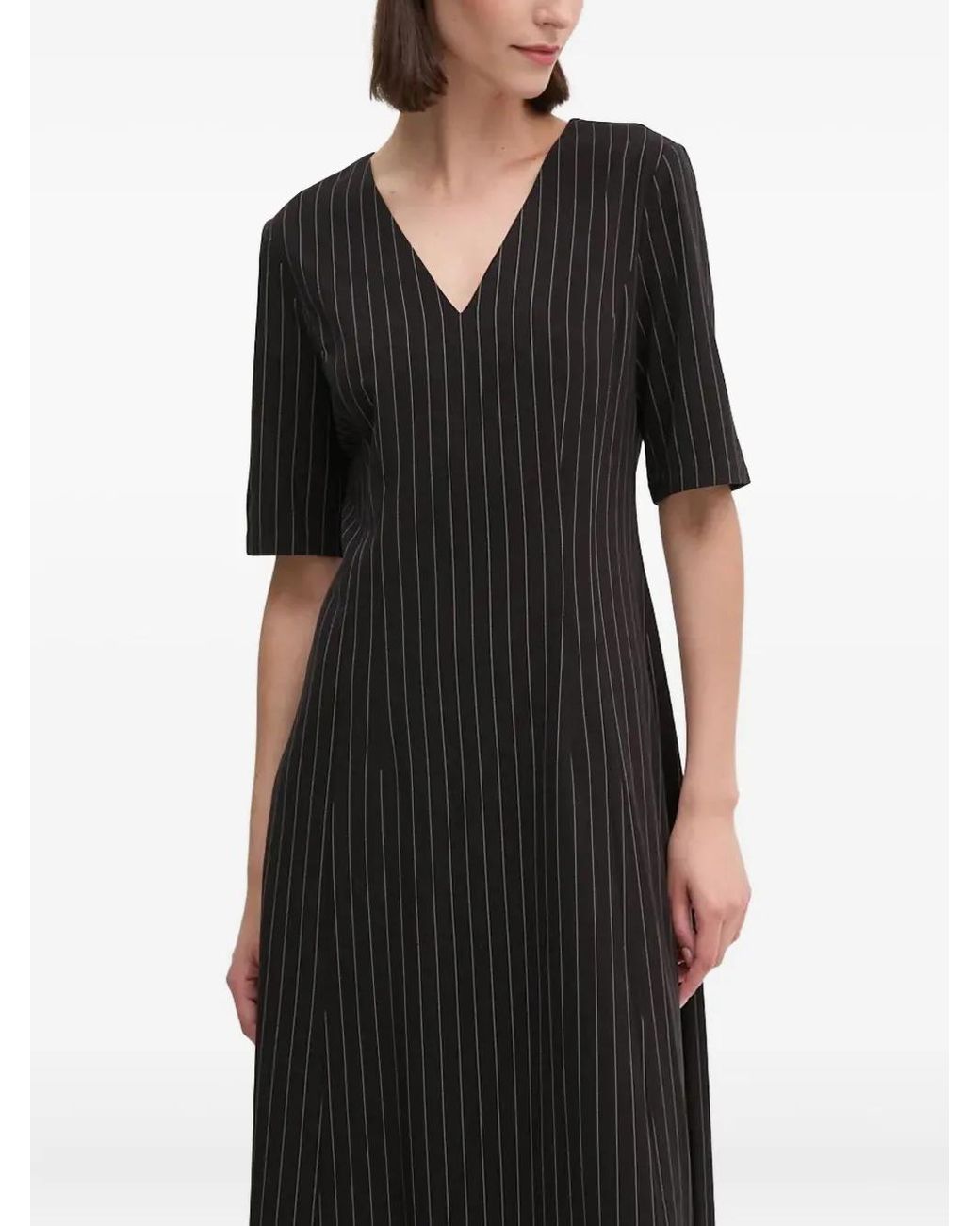 DKNY Black Striped V-Neck Midi Dress