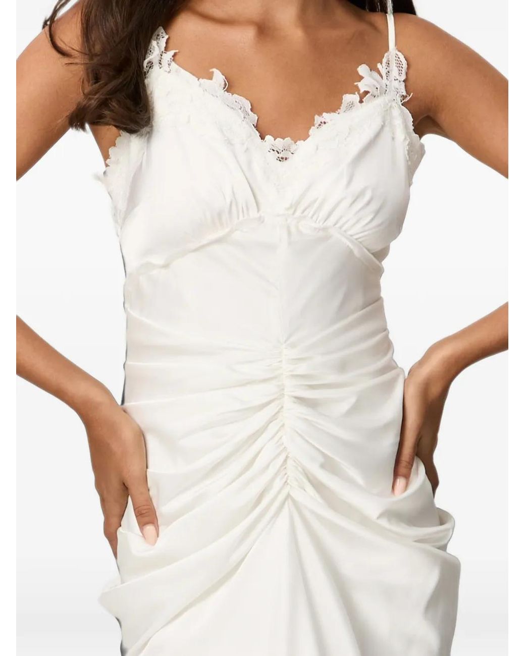 NORINA ST White Lace Slip Ruched Slip Midi Dress
