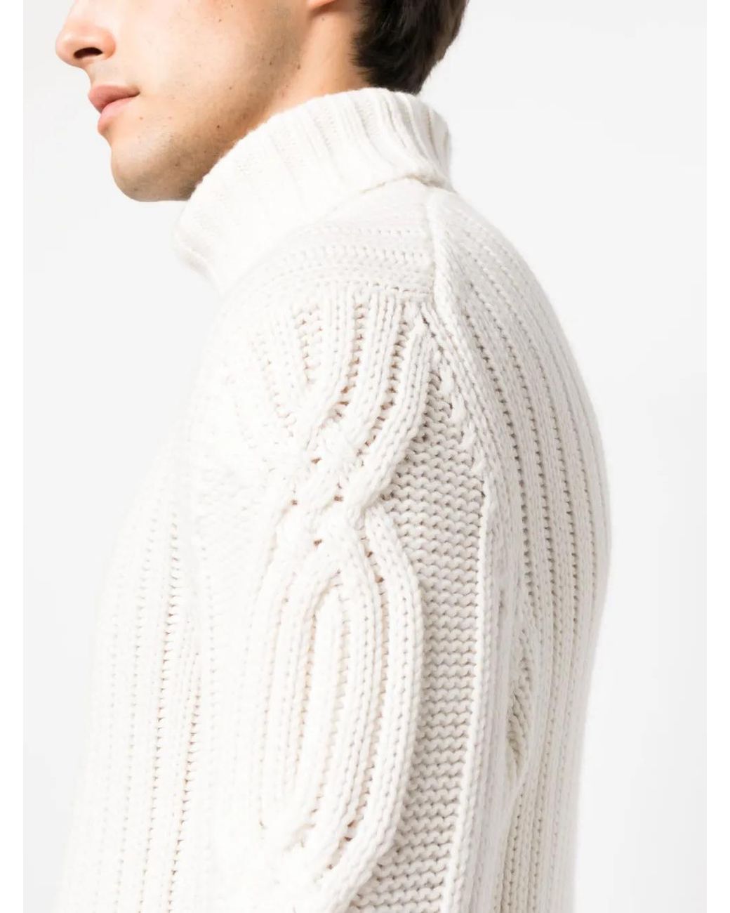 Brunello Cucinelli White Cable-Knit Roll-Neck Sweater for men