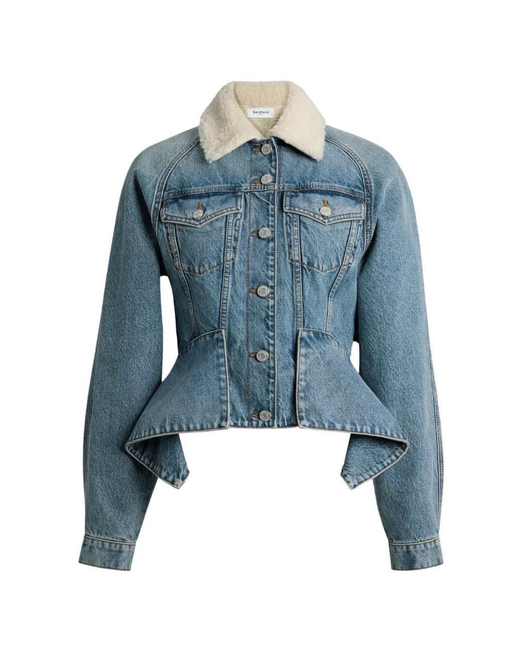 Balmain Blue Denim Signature Jacket With Shearling Collar