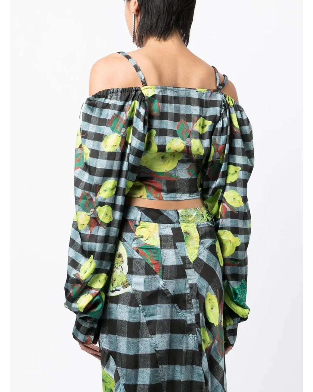 OTTOLINGER Green Lemon-Checked-Print Off-Shoulder Top