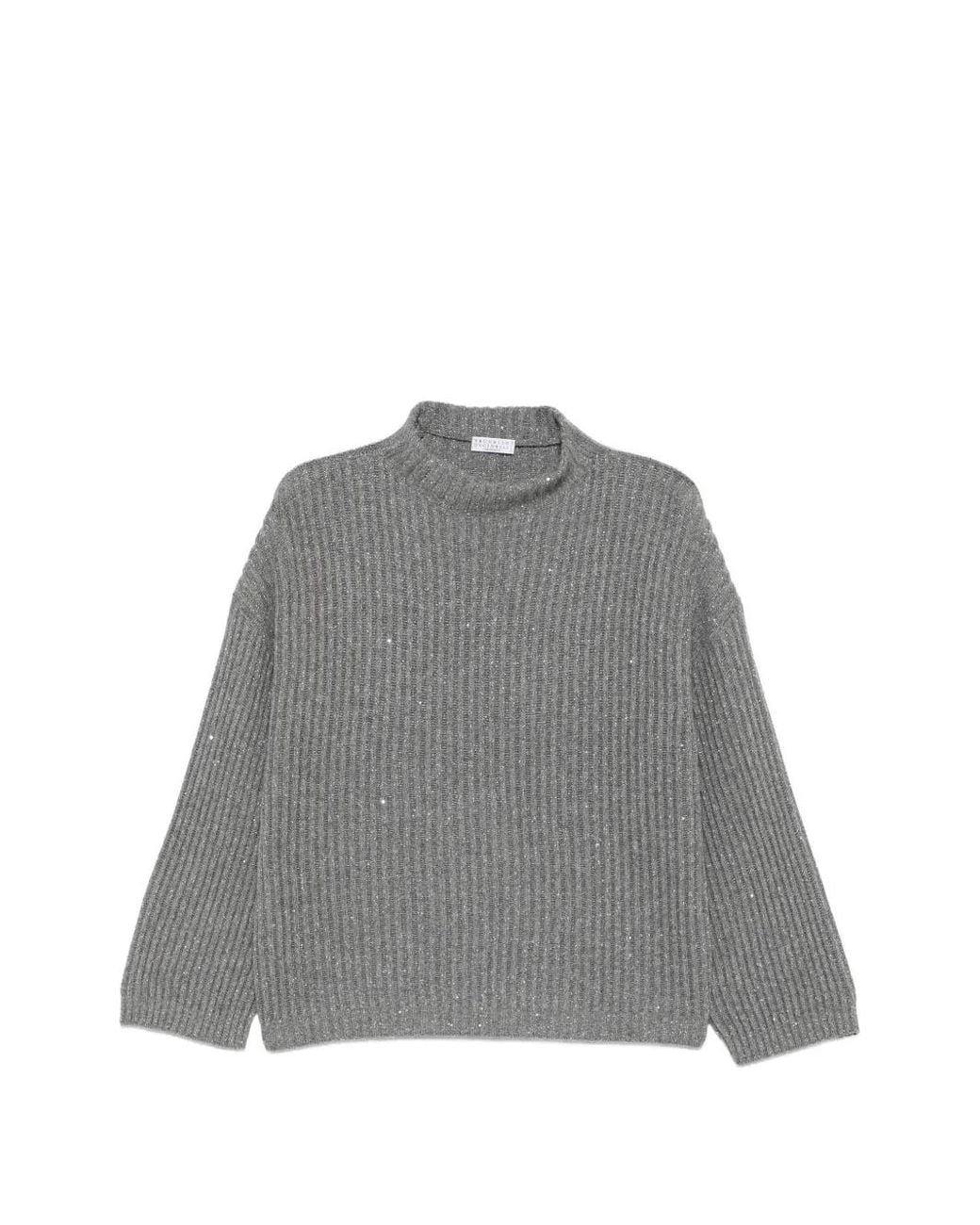 Brunello Cucinelli Gray Sequin-Embellished Ribbed Sweater