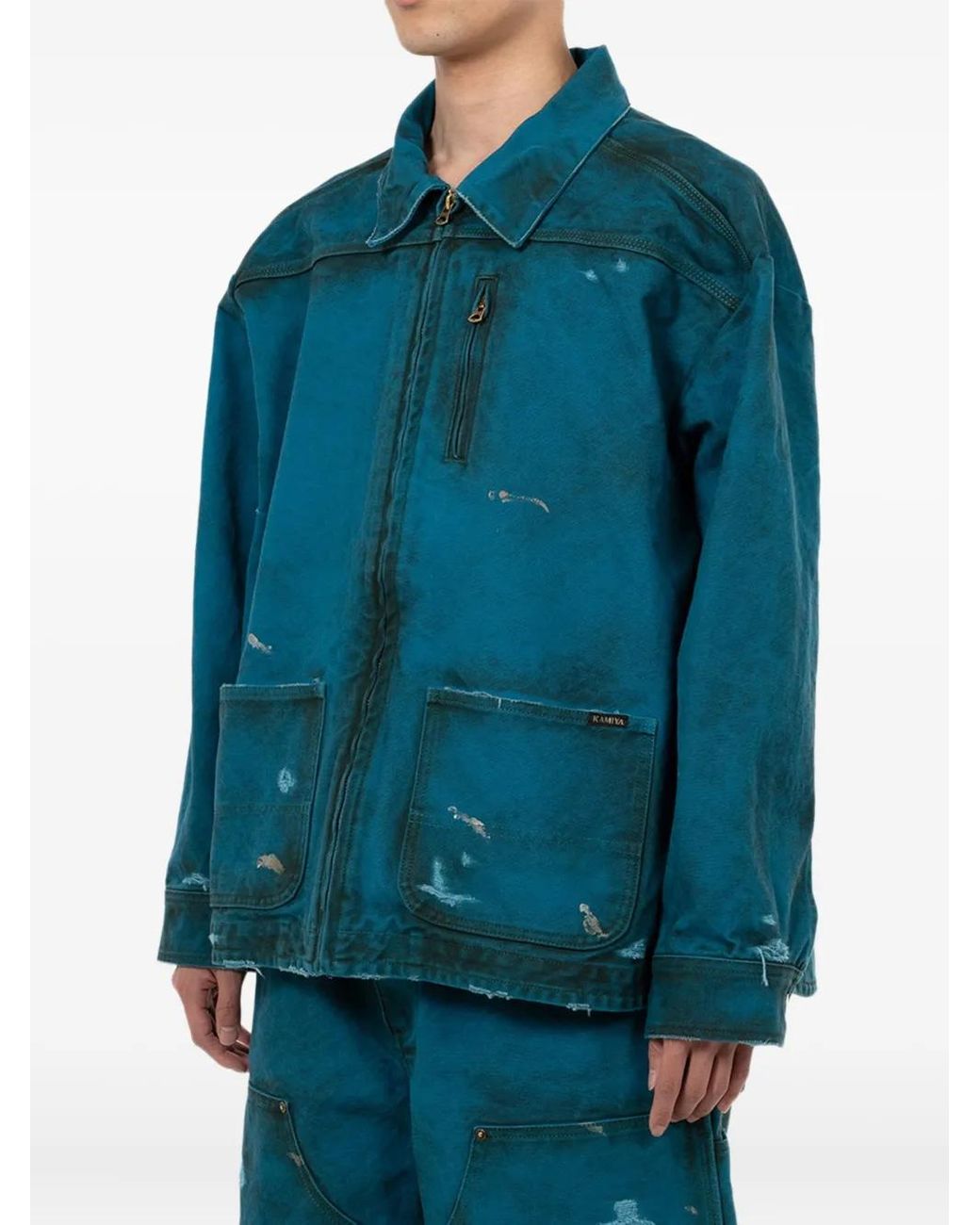 KAMIYA Blue Boro Distressed Zip-Front Jacket for men