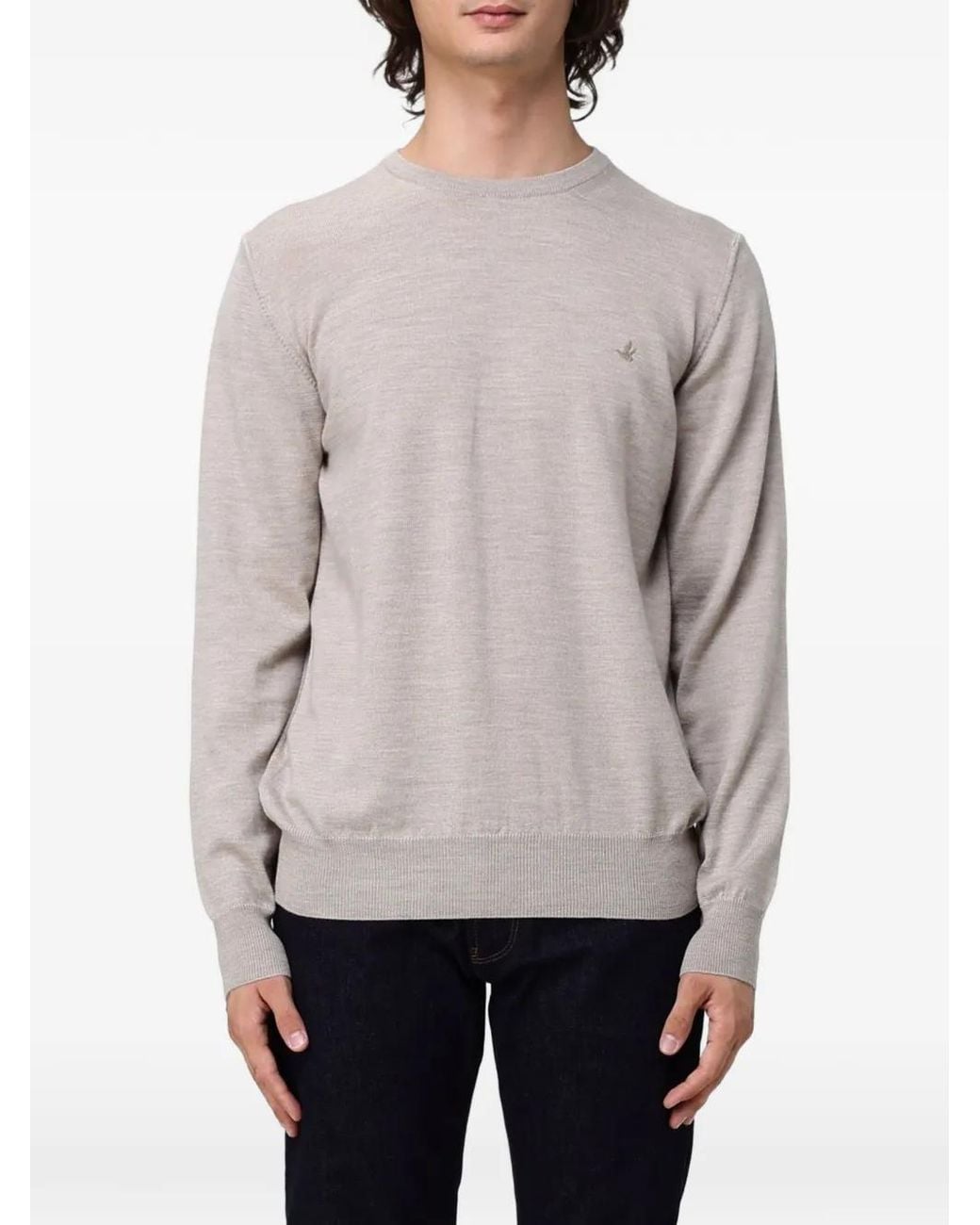 Brooksfield Gray Logo-Embroidered Crew-Neck Sweater for men