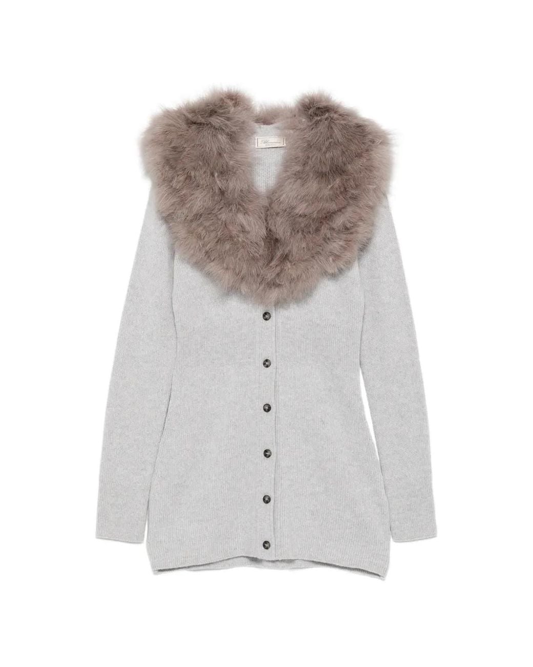 Blumarine White Faux-Fur Collar Ribbed Cardigan