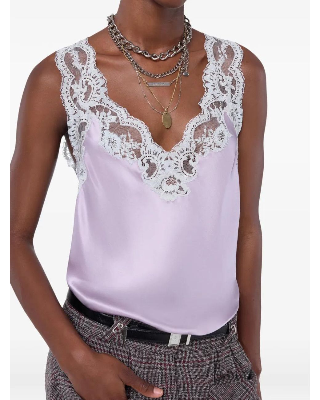 Rabanne Purple Lilac Silk Tank Top With Lace Detailing
