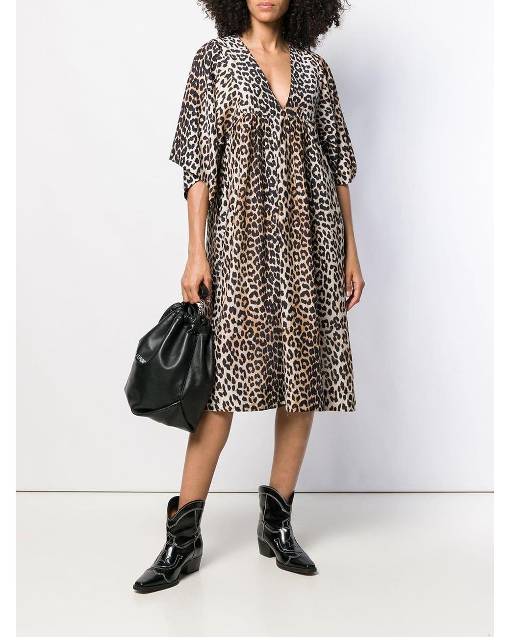 Ganni Silk Leopard Print Loose Fit Dress in Black | Lyst