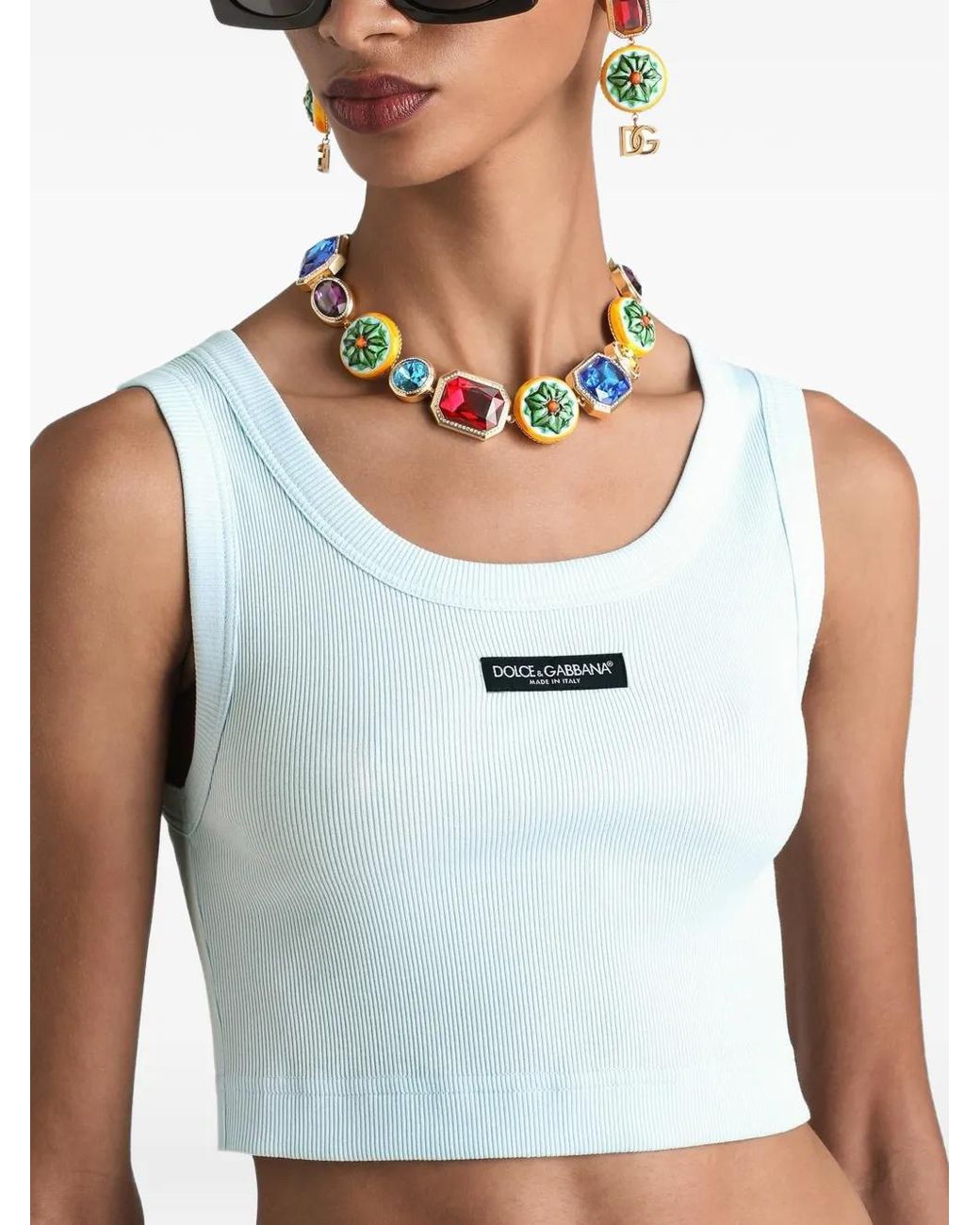 Dolce & Gabbana Blue Cotton Cropped Tank Top With Logo