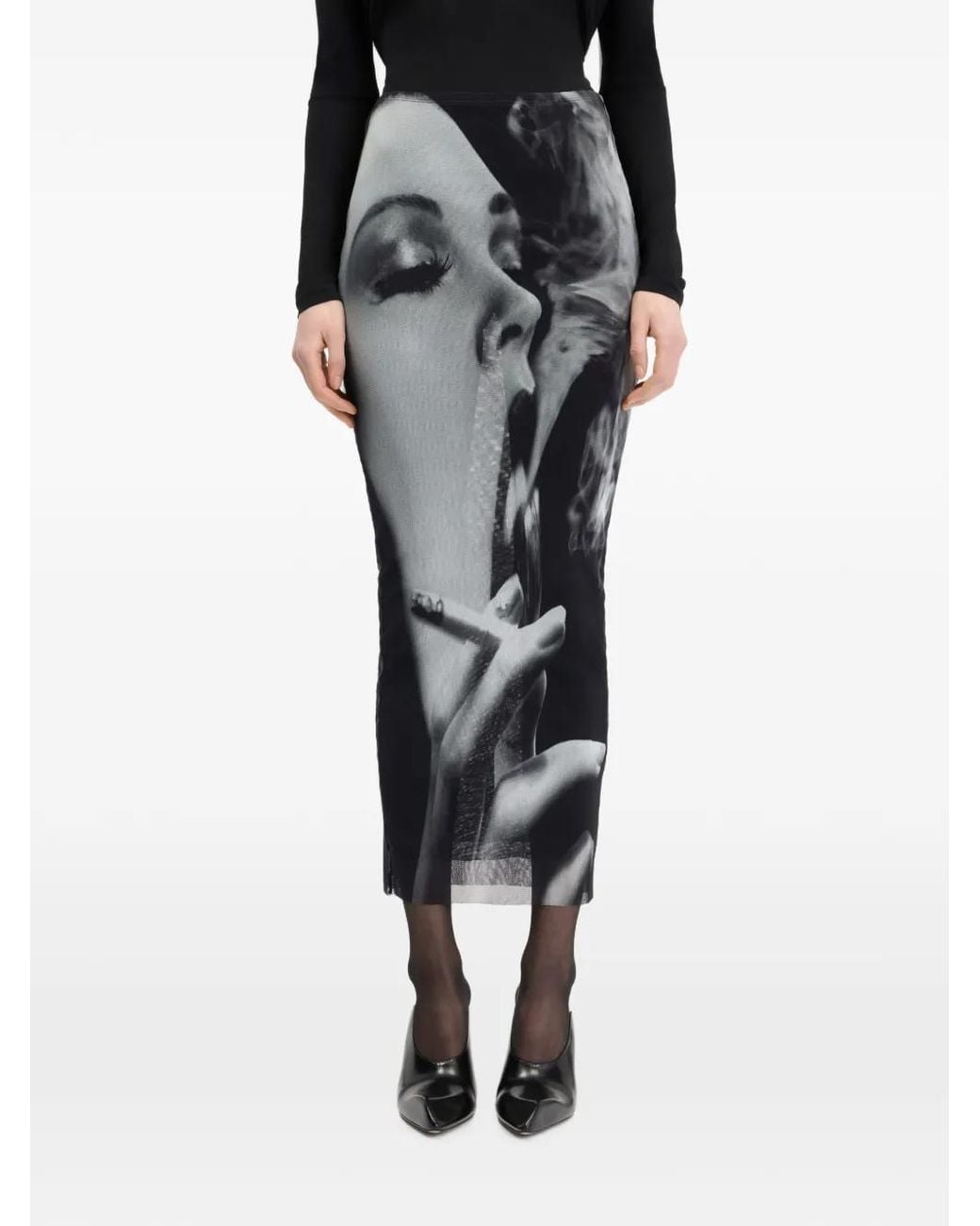 Jean Paul Gaultier Gray High-Waisted Photographic Print Fitted Midi Skirt