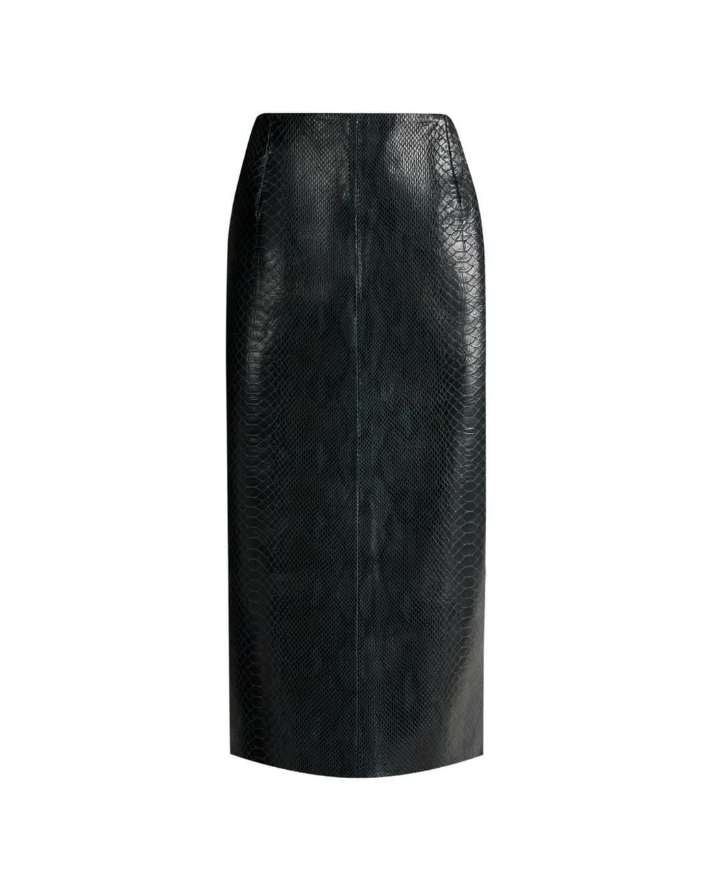DUCIE Black Chloe Python-Effect Leather Midi Skirt