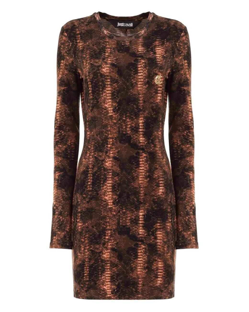 Just Cavalli Brown Snakeskin-Print Long-Sleeve Mini Dress