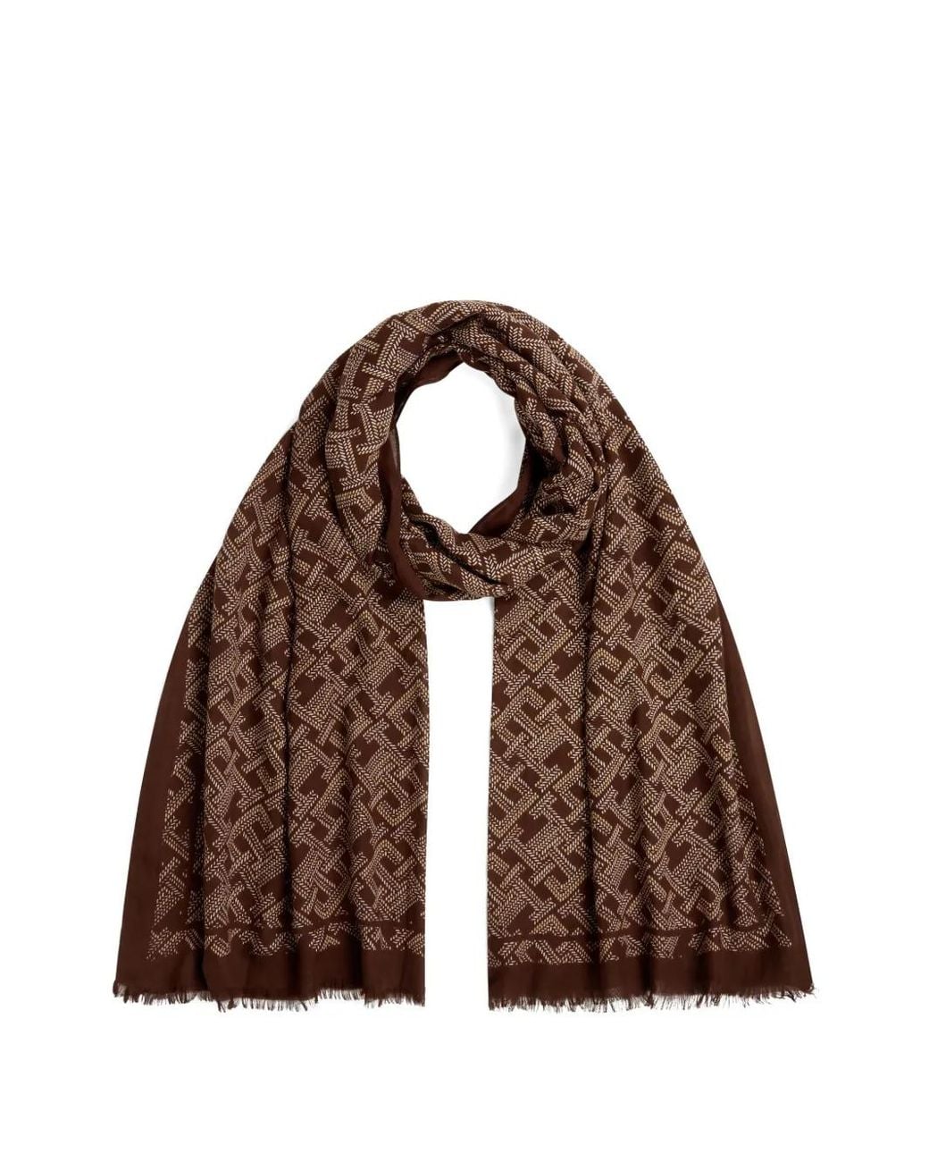 Tommy Hilfiger Brown Monogram-Print Frayed Scarf
