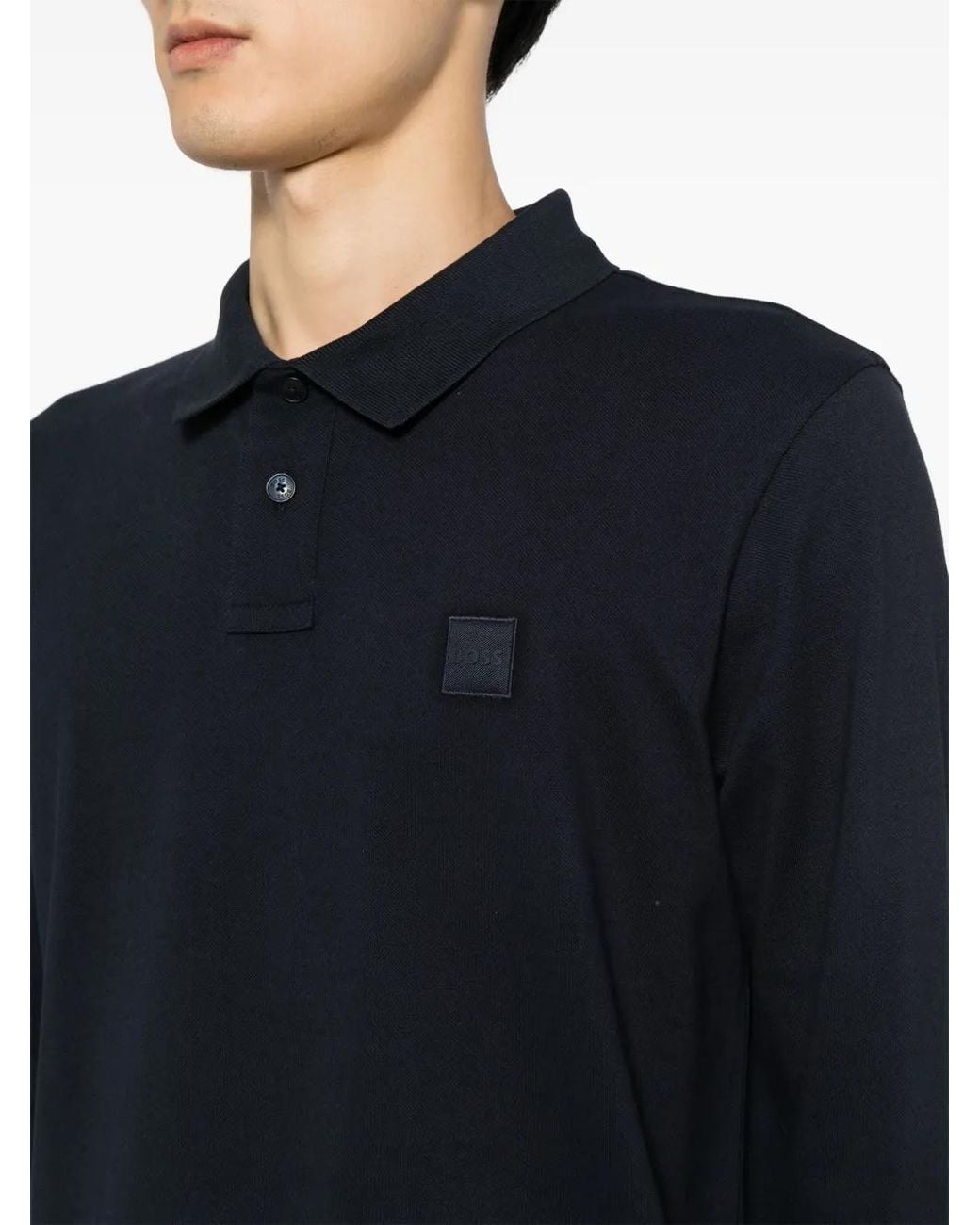 Boss Blue Logo-Patch Cotton-Blend Polo Shirt for men