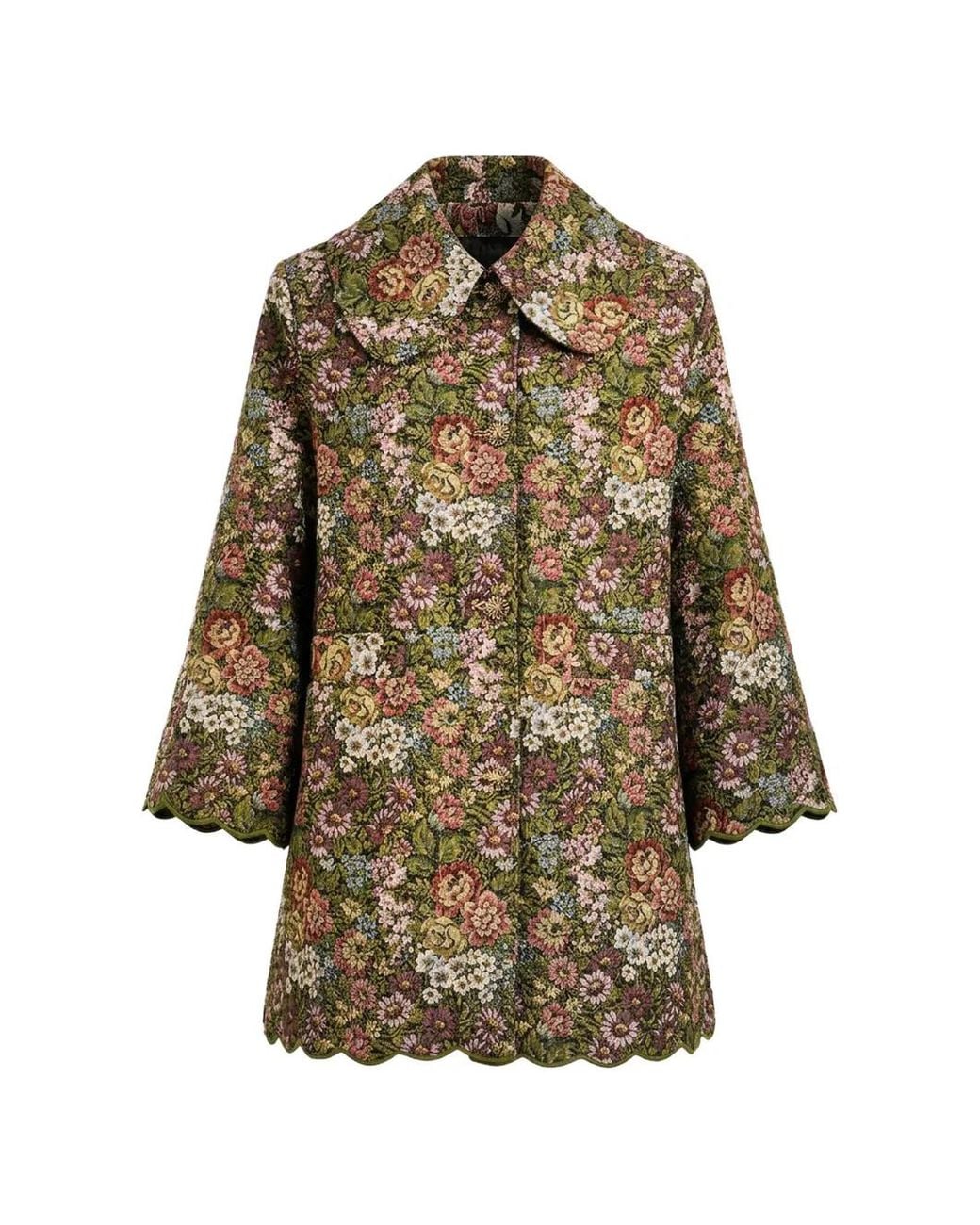 Farm Rio Green Floral-Tapestry Scalloped-Edge Coat