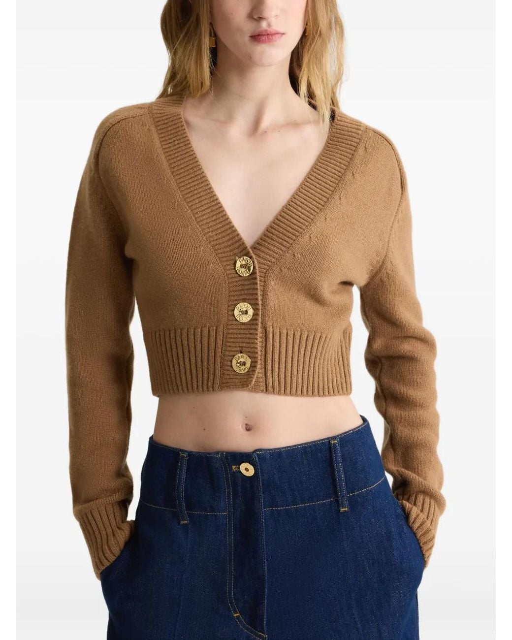 Patou Brown Button-Embellished Elbow-Patch Cardigan