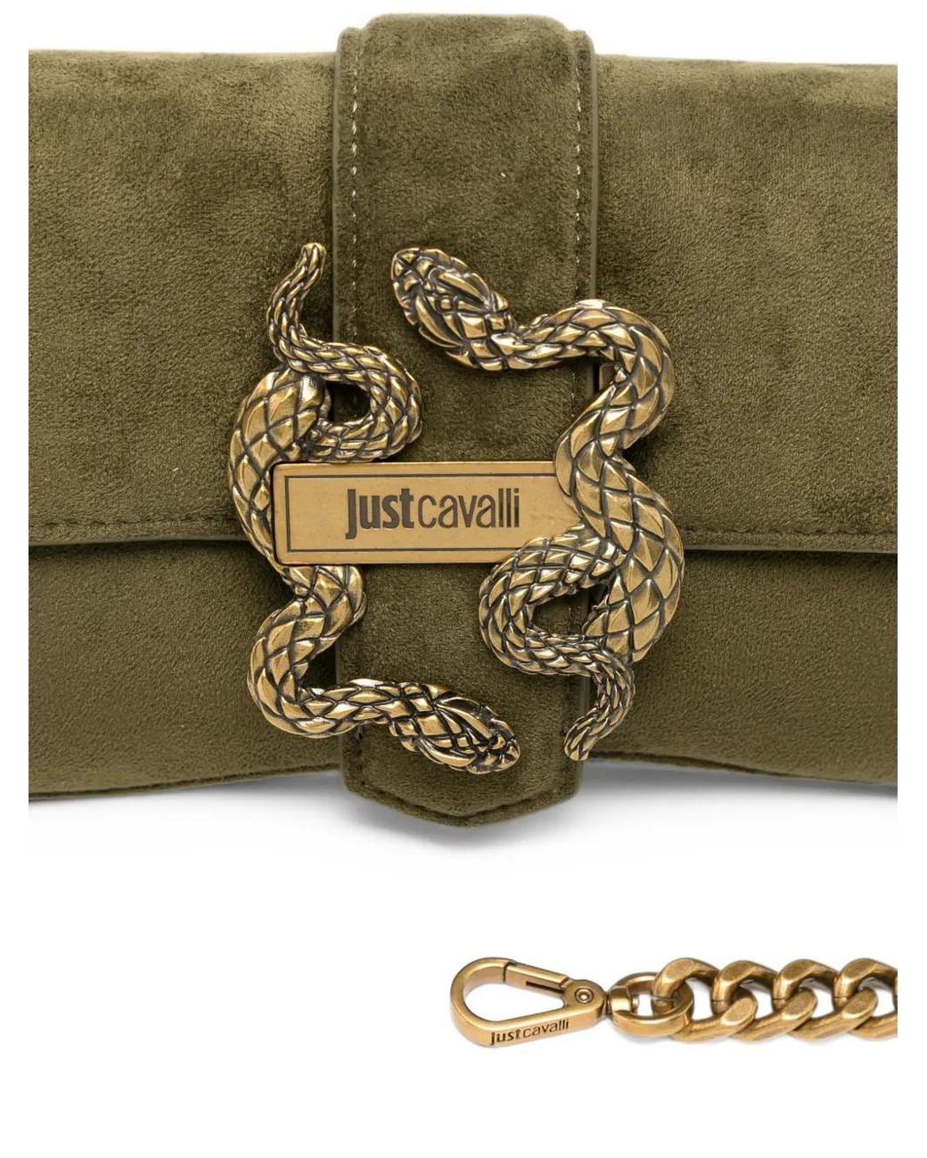 Just Cavalli Green Snake-Plaque Suede Clutch Bag