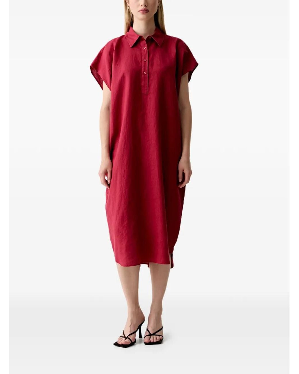Benetton Red Short-Sleeve Shirt Midi Dress