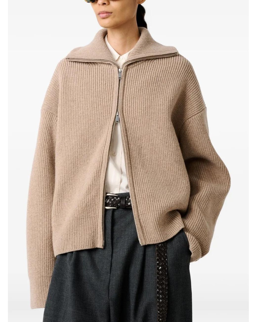Studio Nicholson Natural Ribbed-Knit Zip-Up Sweater