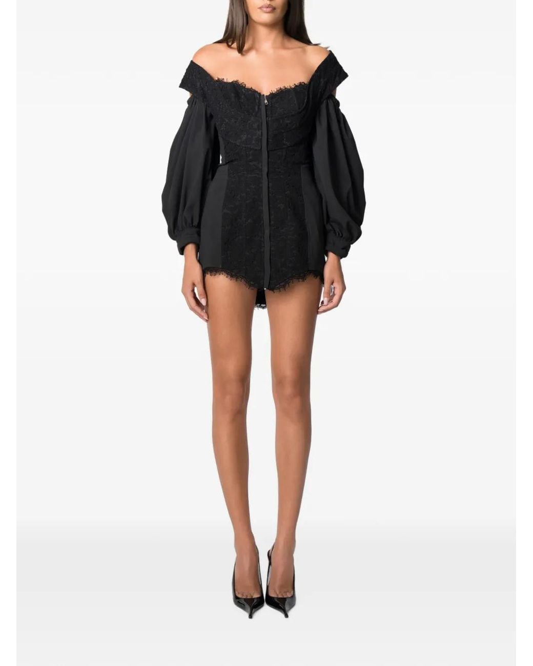 NORINA ST Black Aida Lace-Panelled Off-Shoulder Mini Dress