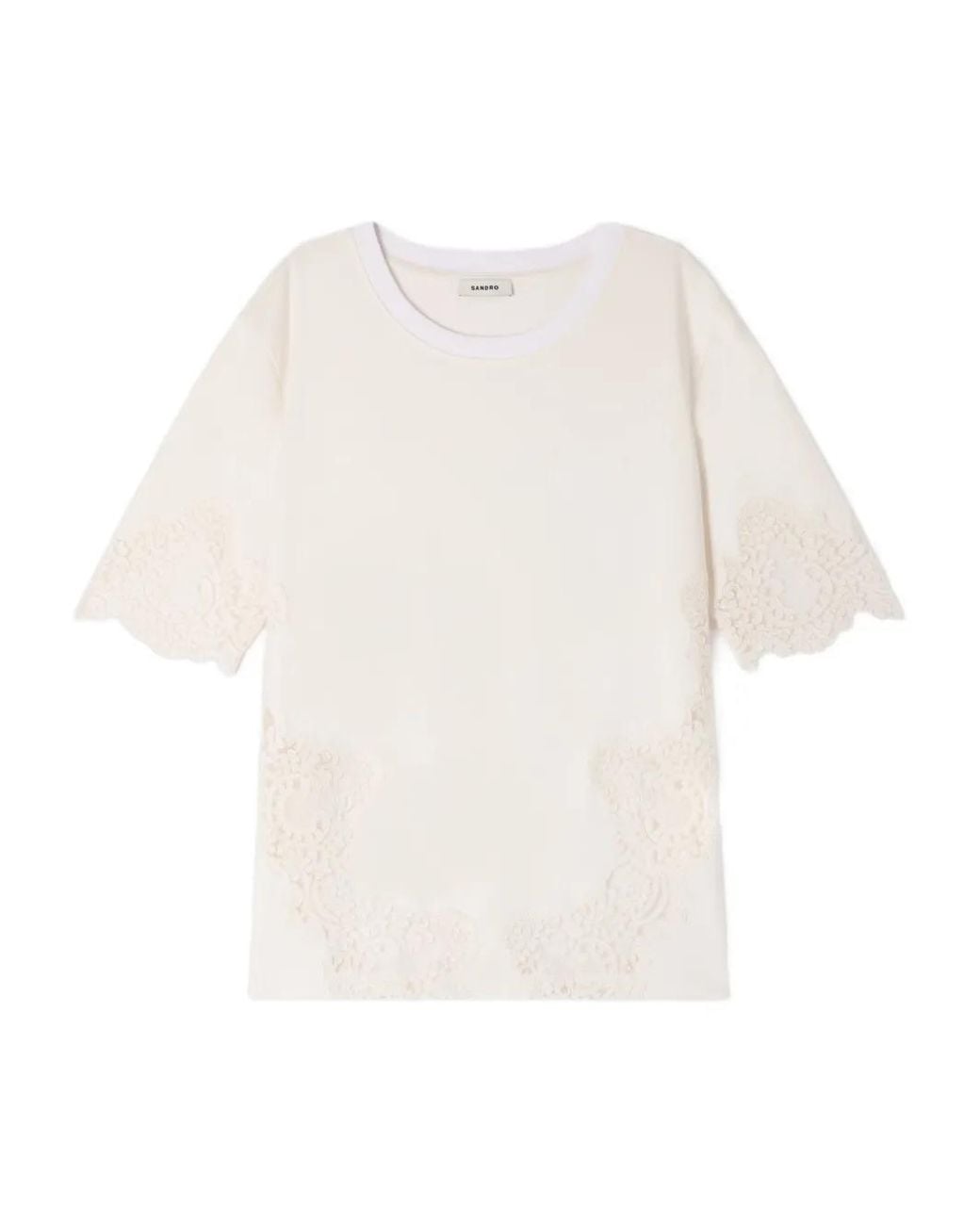 Sandro White Cotton T-Shirt With Lace Detail