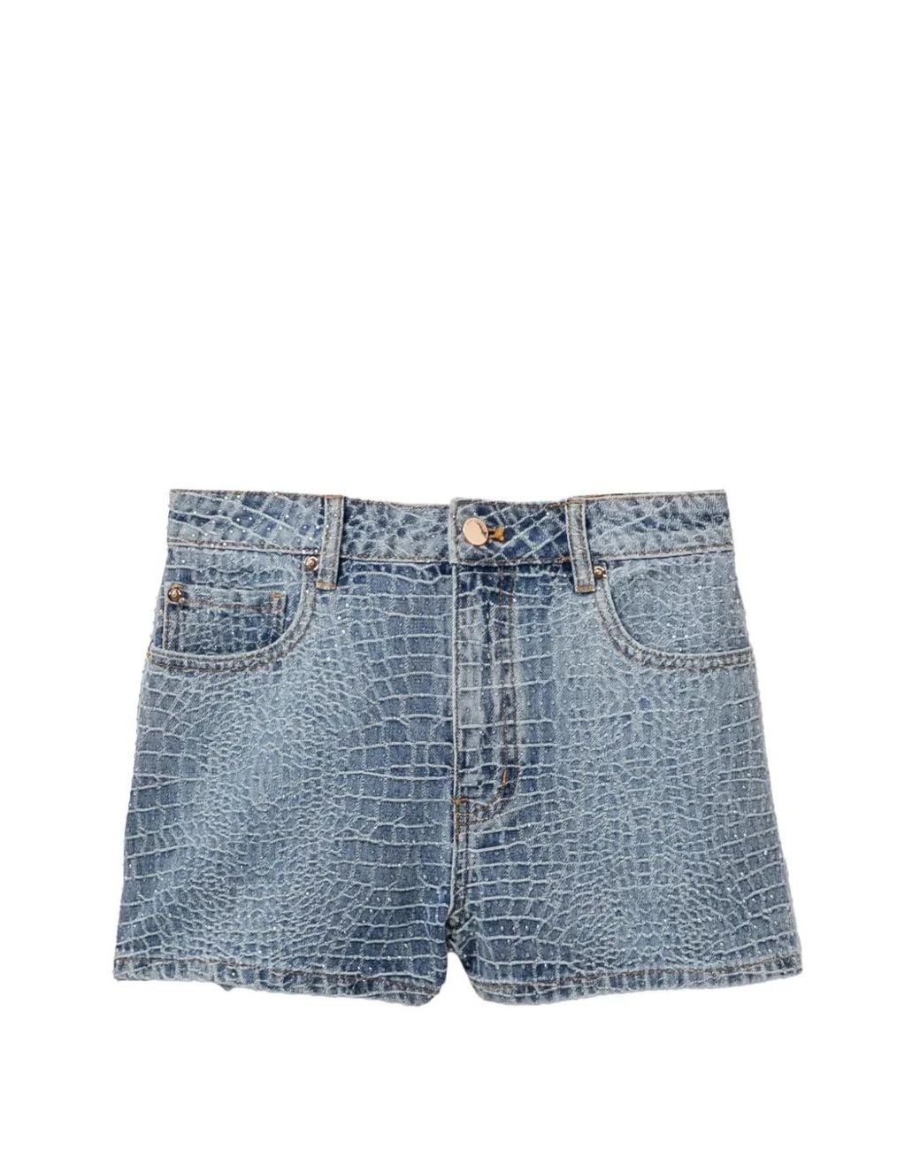 Self-Portrait Blue Rhinestone Croc Effect Denim Shorts