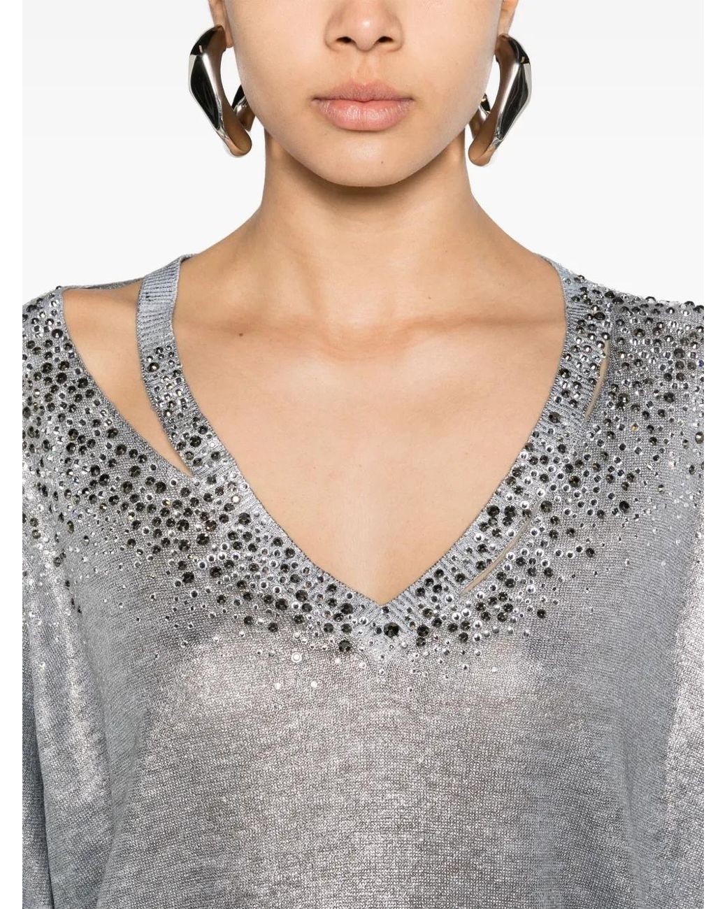 Avant Toi Gray Crystal-Embellished V-Neck Jumper