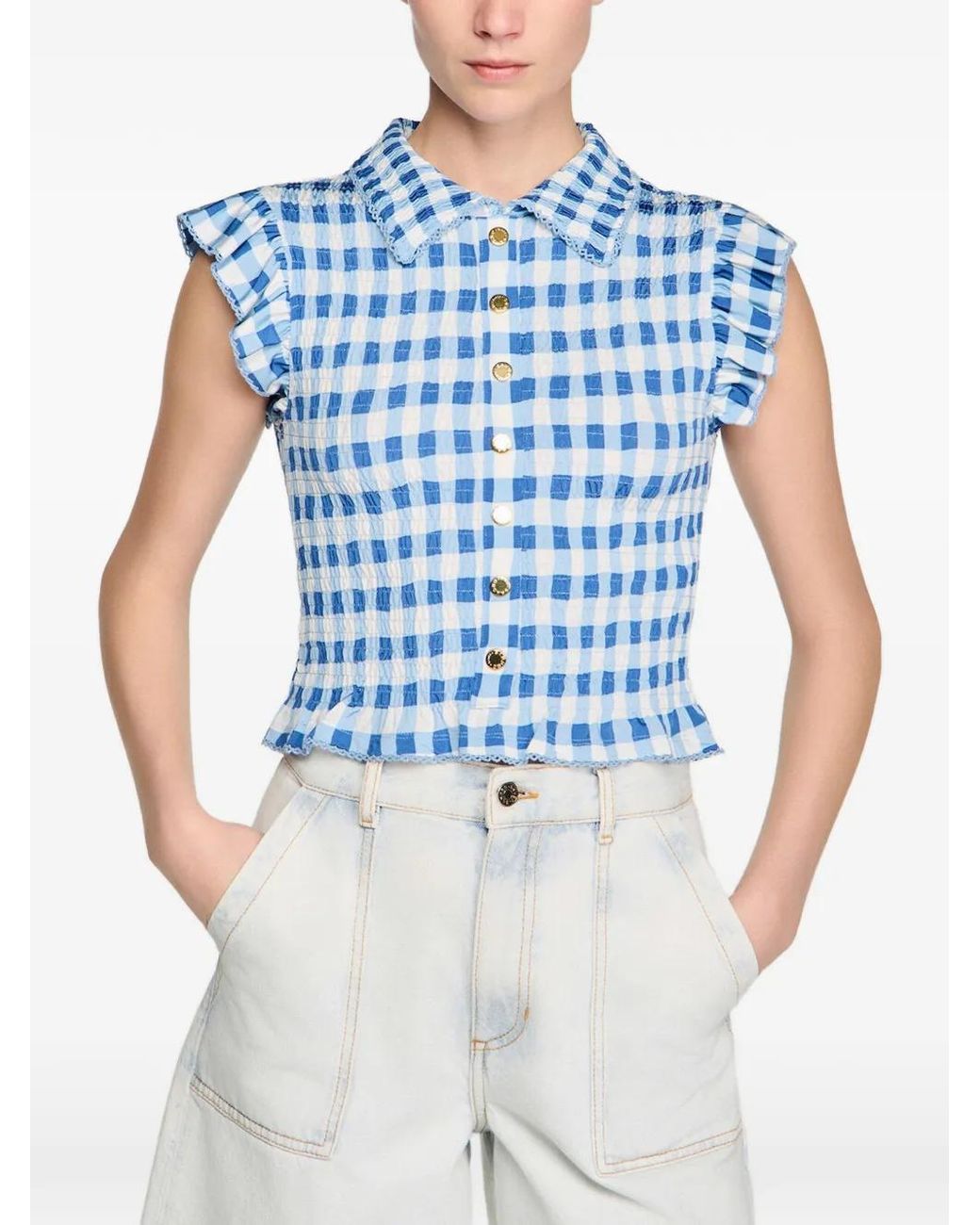 Sandro Blue Check Smocked Shirt