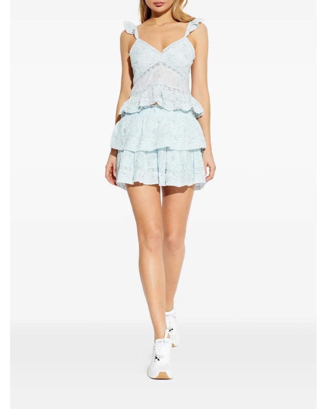 LoveShackFancy Blue Ruffled Floral Print Top