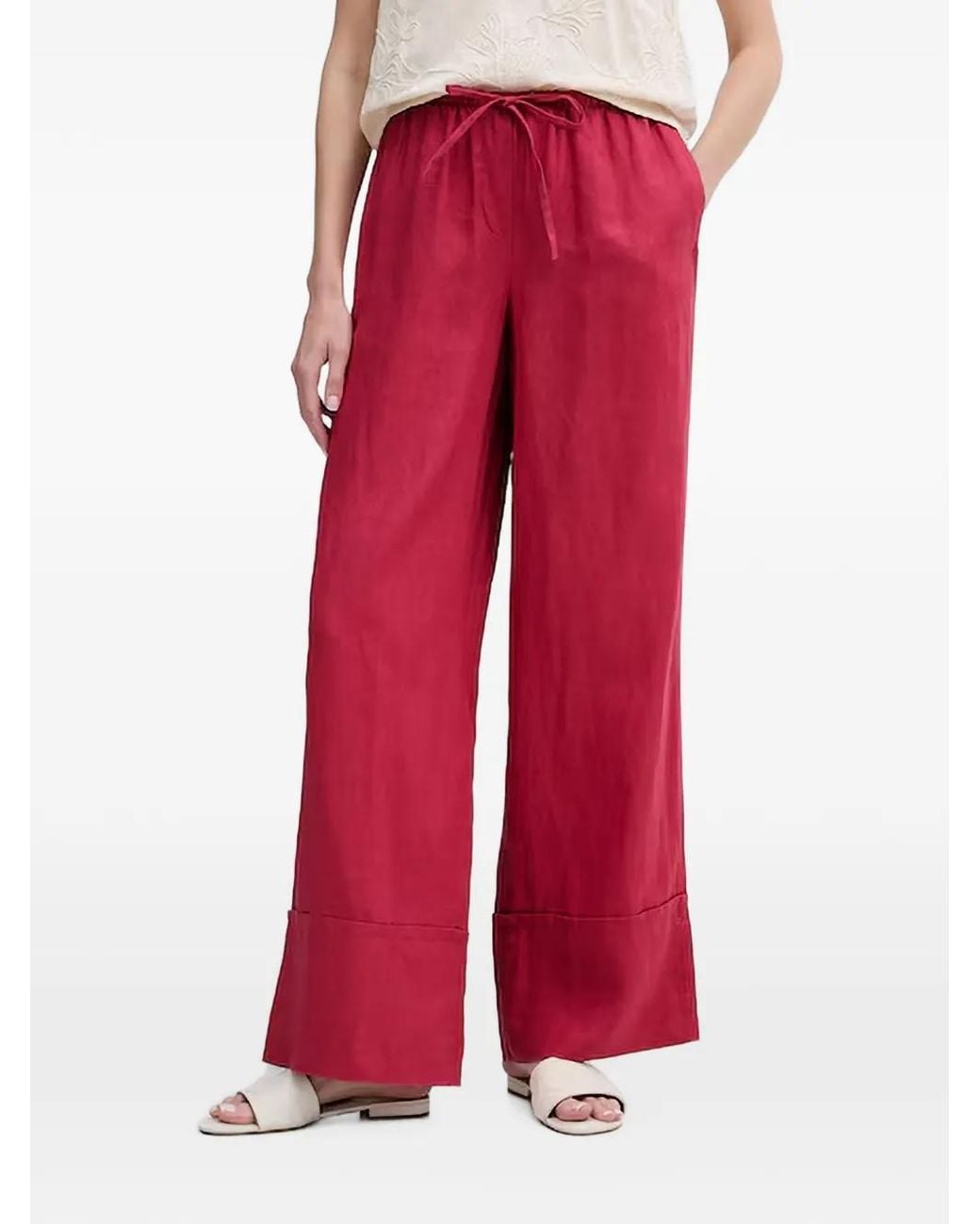 Benetton Red Drawstring-Waist Linen Trousers