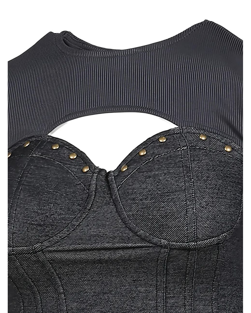 VIVAMUS Black Studded Panelled T-Shirt