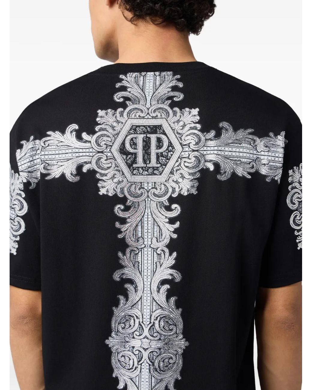 Philipp Plein Black Round Neck T-Shirt Baroque Stones for men