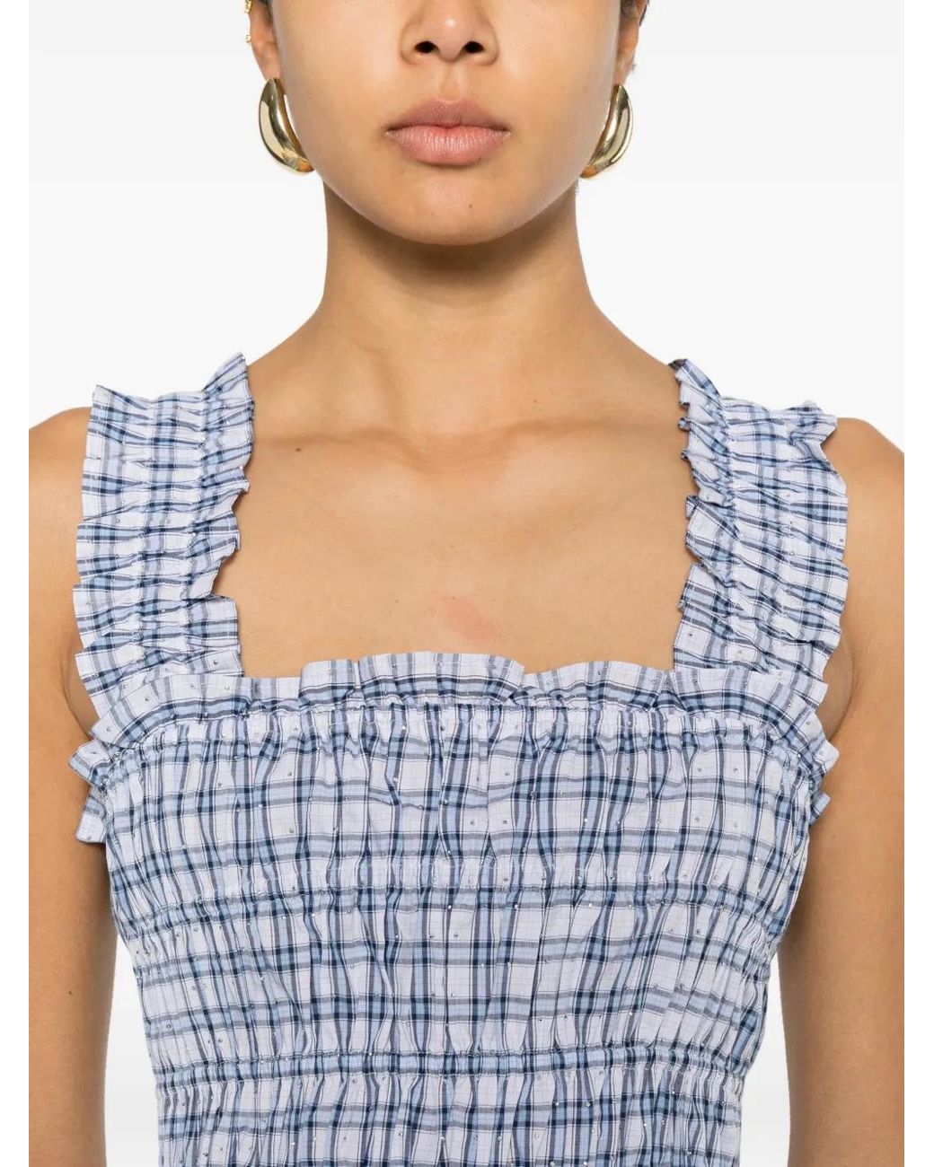 Maje Blue Smocked Rhinestone Cotton Top