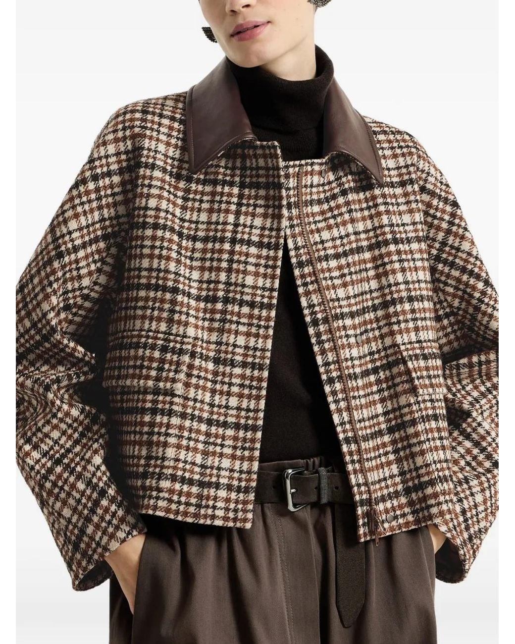 Brunello Cucinelli Brown Comfort Checked Wool And Alpaca Outerwear Jacket With Leather Collar And Monili