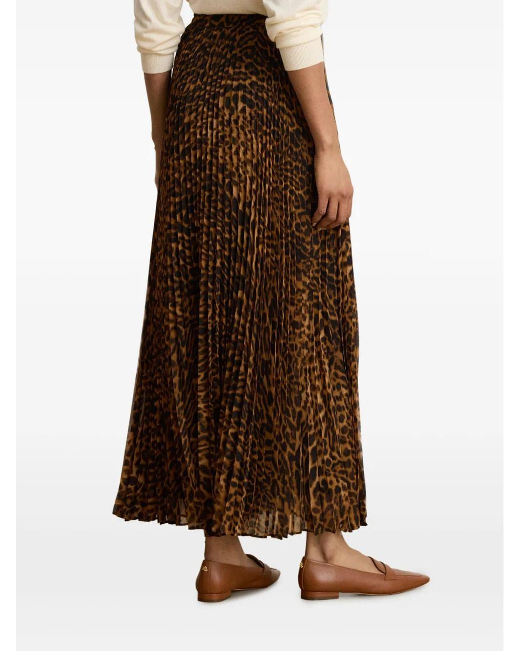Ralph Lauren Brown Leopard-Pattern Pleated Midi Skirt